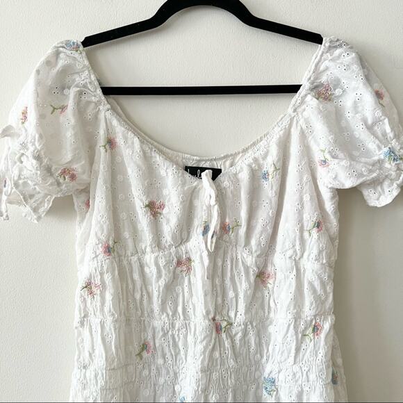 Lulu's Live In Sunshine White Floral Eyelet Lace Smocked Mini Dress - Picture 3 of 7